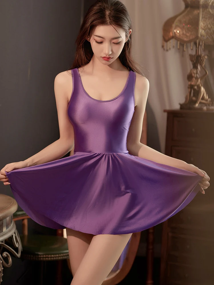 Sexy Women Oil Glossy Pleated Micro Mini Dress Sleeveless Deep V Neck Miniskirts  Maid Ruffled Dress Stage Wear Allure Costume