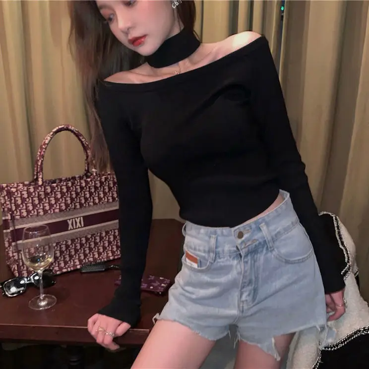 Woman TShirts Women's Sexy off-Neck Tight T-shirt Spring and Autumn Long Sleeve Top Crop Top Mujer Camisetas