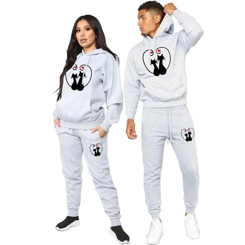 Couples Hoodie Set Cat Printed Lover Winter Hoodies and Sweatpants 2PCS Clothing Casual Sports Men Women Tracksuit