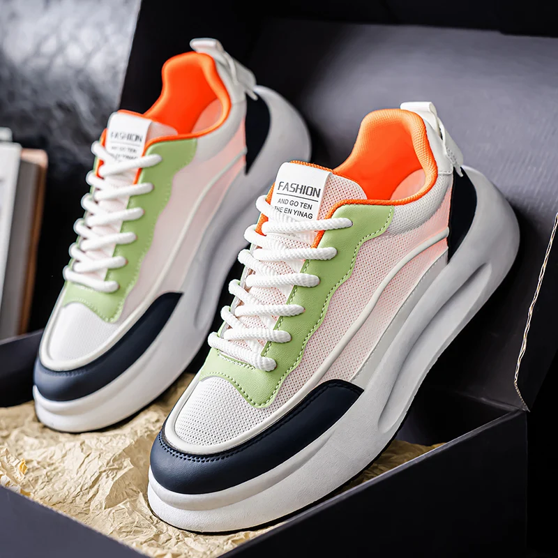 Men's Comfortable Breathable Low-Top Thick-Heeled Casual Shoes Fashionable All-Match Flat Footwear Korean Style Round Toe Shoes