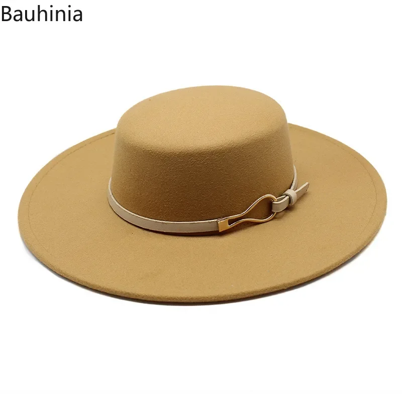 Bauhiniua Wool Felt Fedoras Jazz Cap 2022 Winter Warm Flat Top Hats 10CM Big Wide Brim Solid Color Church Hats