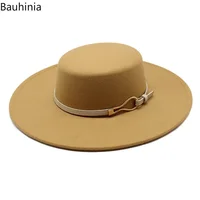 Bauhiniua Wool Felt Fedoras Jazz Cap 2022 Winter Warm Flat Top Hats 10CM Big Wide Brim Solid Color Church Hats - Image 6