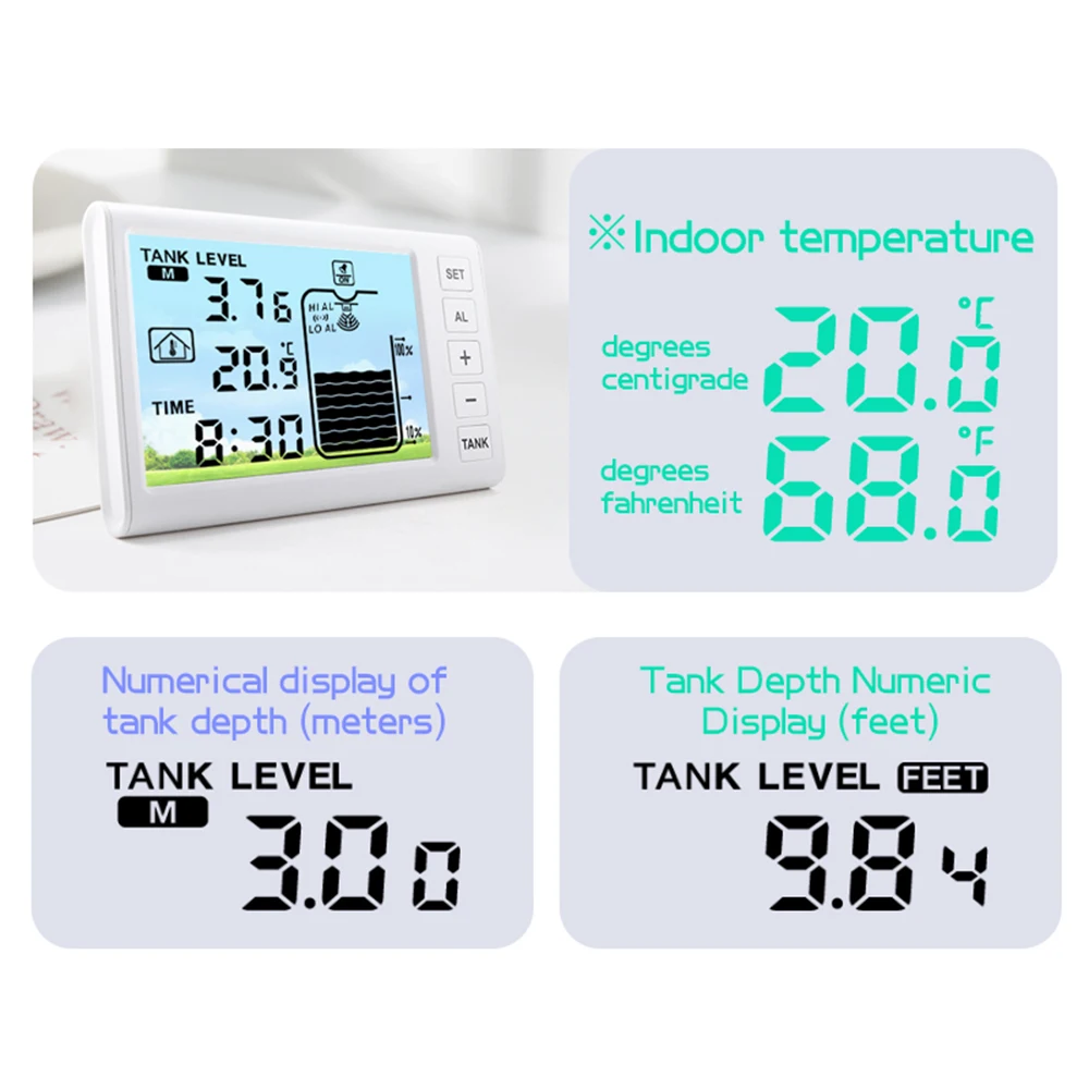 Ultrasonic Level Guage Wireless LCD Display Indoor Water Tank Liquid Level Meter Temperature Height Monitor Alarm Clock Sensor