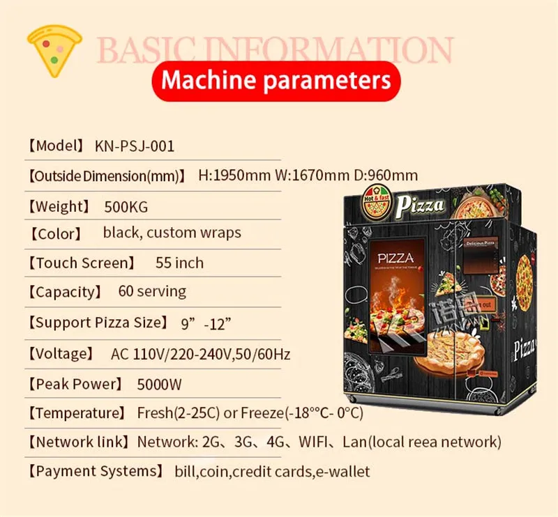 55Inch Touch Screen Cooking Robot Hot Food Box Pizza Vending Machine Fully Automatic Pizza Making Machine With Infrared Oven