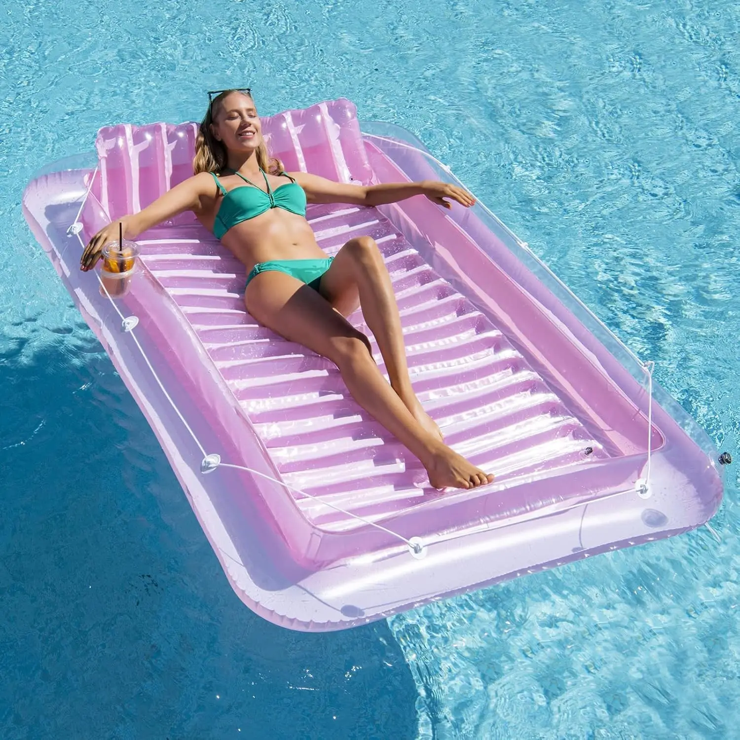 

Inflatable Pool Floats Lounger for Adults, Blow Up Tanning Pool Raft Sun Tan Tub with Inflatable Pillow for Family Outdoor, G