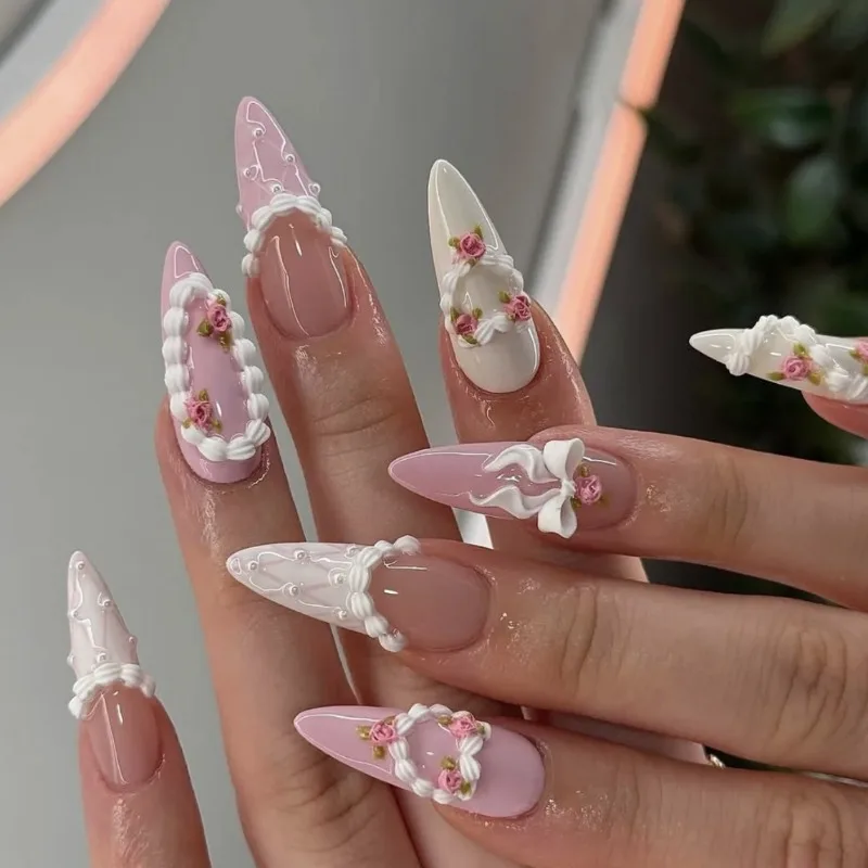 

24PCS Romantic Pink Fake Nails High End Ins Bow Pearl Rose Press on Nails Y2K Millennium Hot Girl Style Cute Sweet Nail Art 네일팁