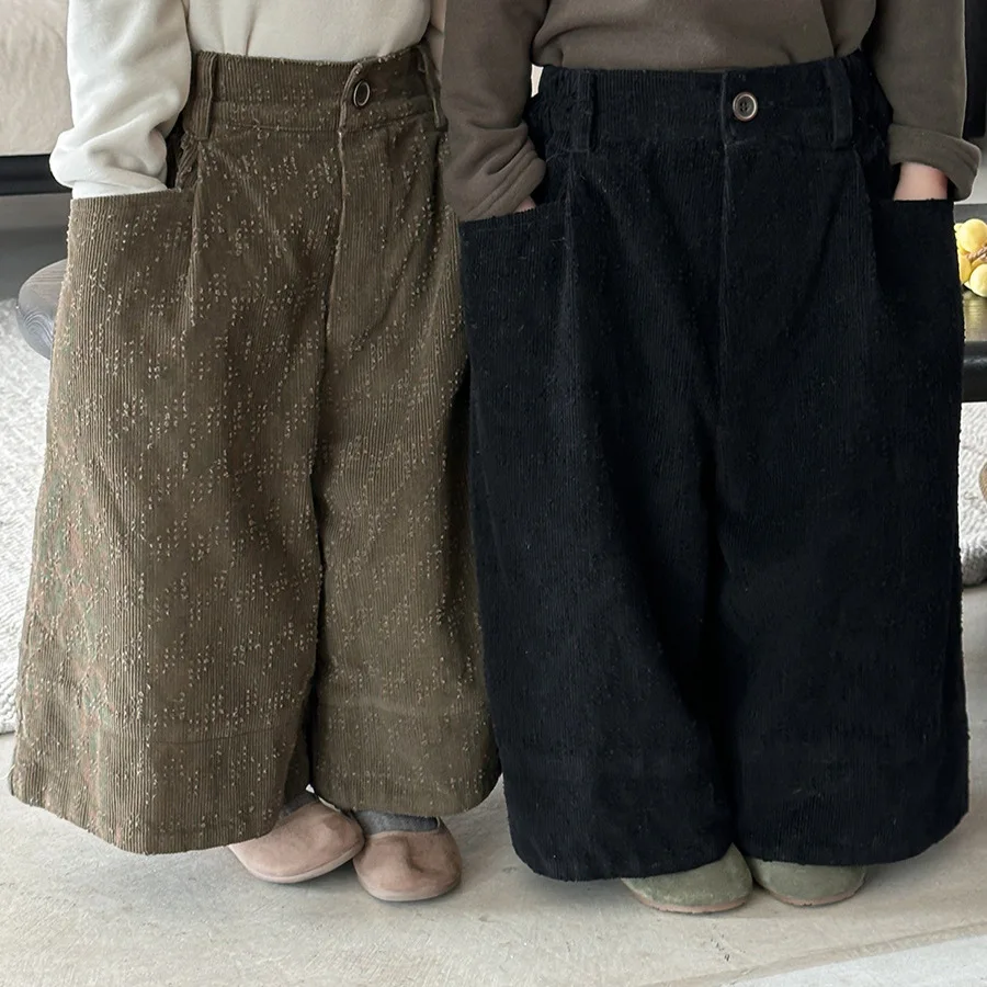 

2025 детские расклешенные брюки, вельветовые широкие брюки-клеш, зимние теплые детские брюки на флисовой подкладке для мальчиков и девочек, повседневная одежда