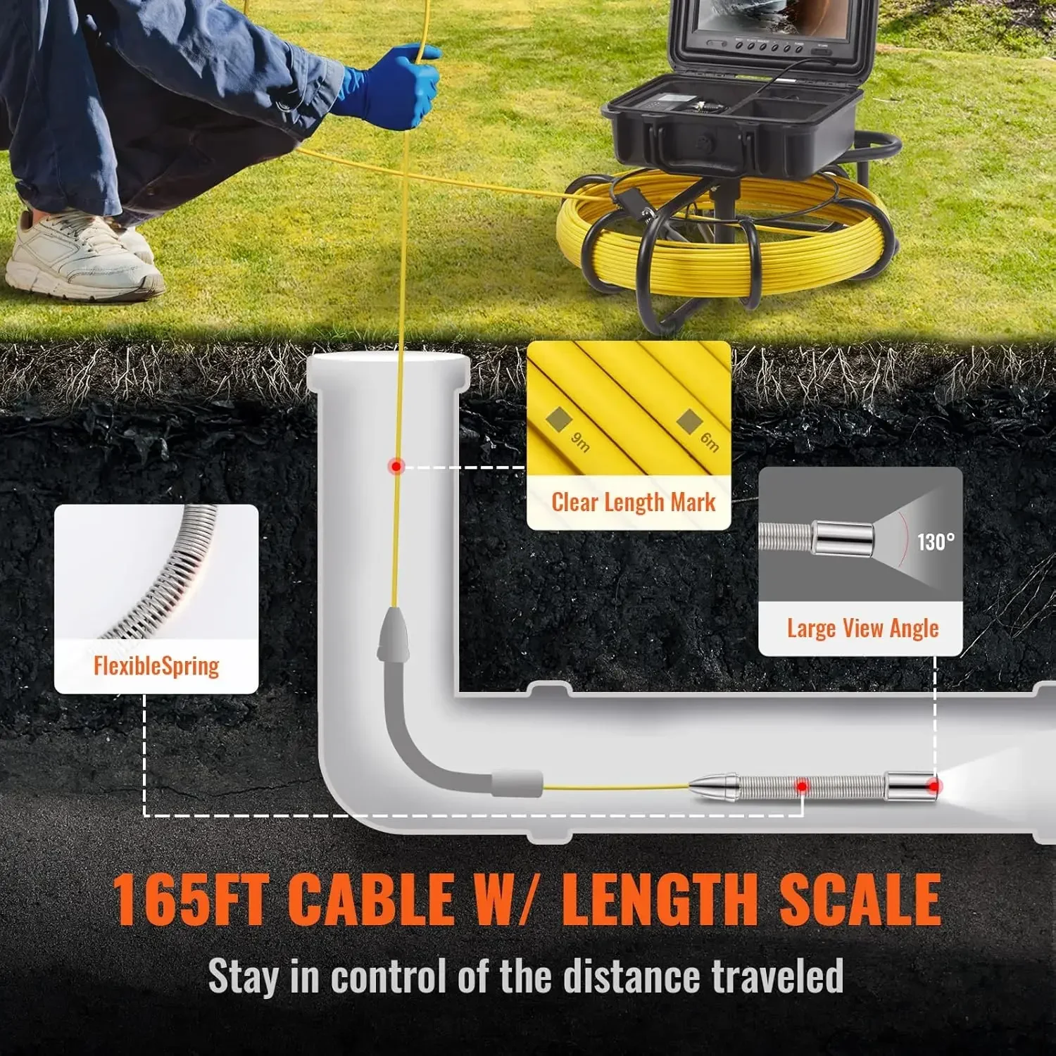 Cámara de alcantarillado con localizador de 512 Hz, 165 pies/50 m, cámara de inspección de tuberías de 9" con función DVR, cámara IP68 con 12 LED ajustables