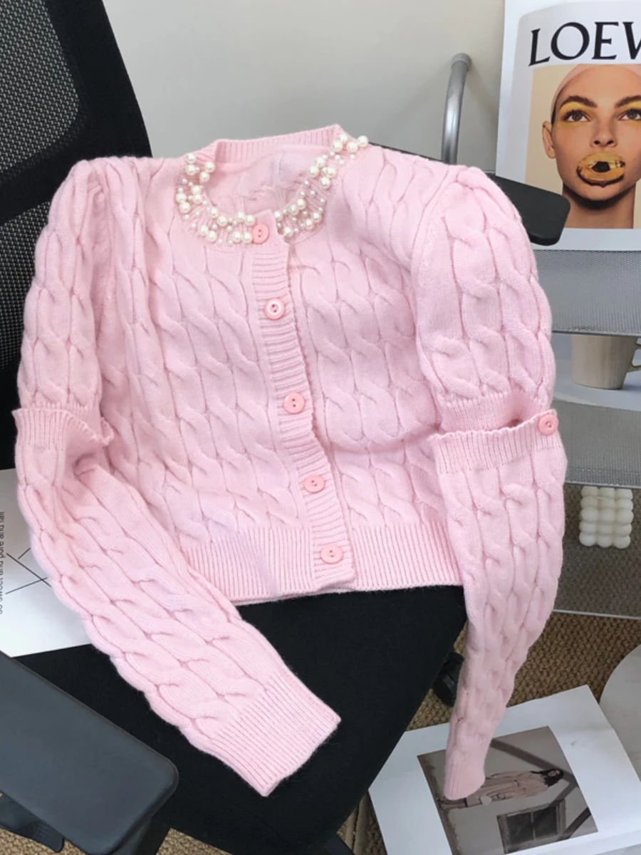 Chic Beaded Sweet Pink Twist Knitted Cardigan for Women 2023 Early Spring New Design Sense Outer Wear Cropped Sweater Coat Top