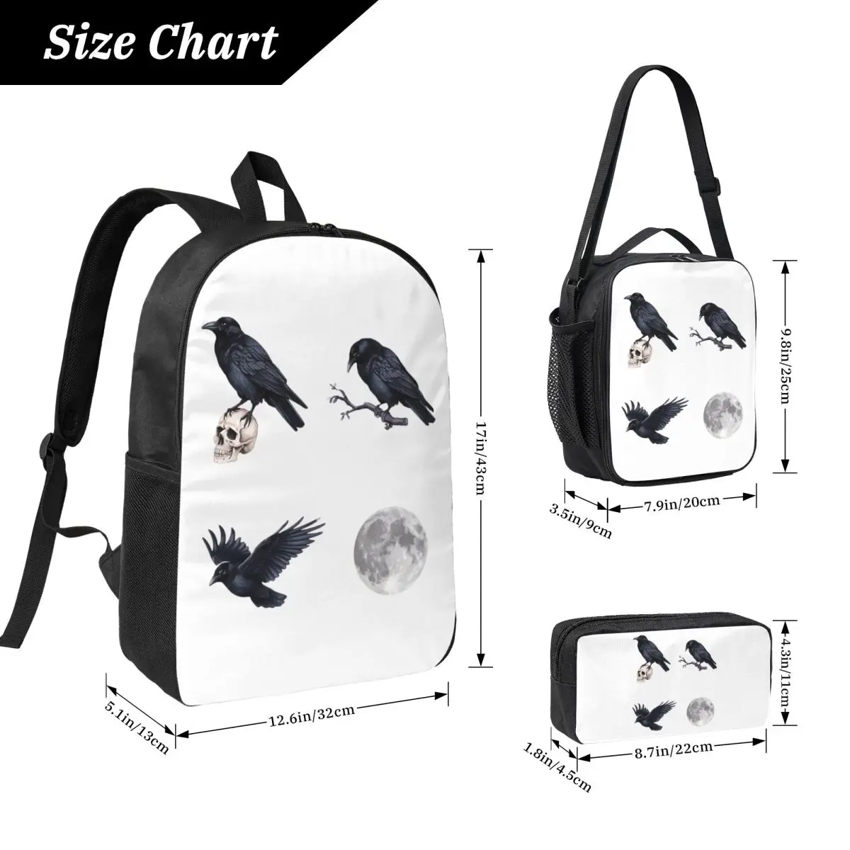 Trendy Black Raven Crow ,skull And Moon Pack Backpack BookBag School Bag Shoulder Bags 3ps Insulated Lunch Bag Pencil Case