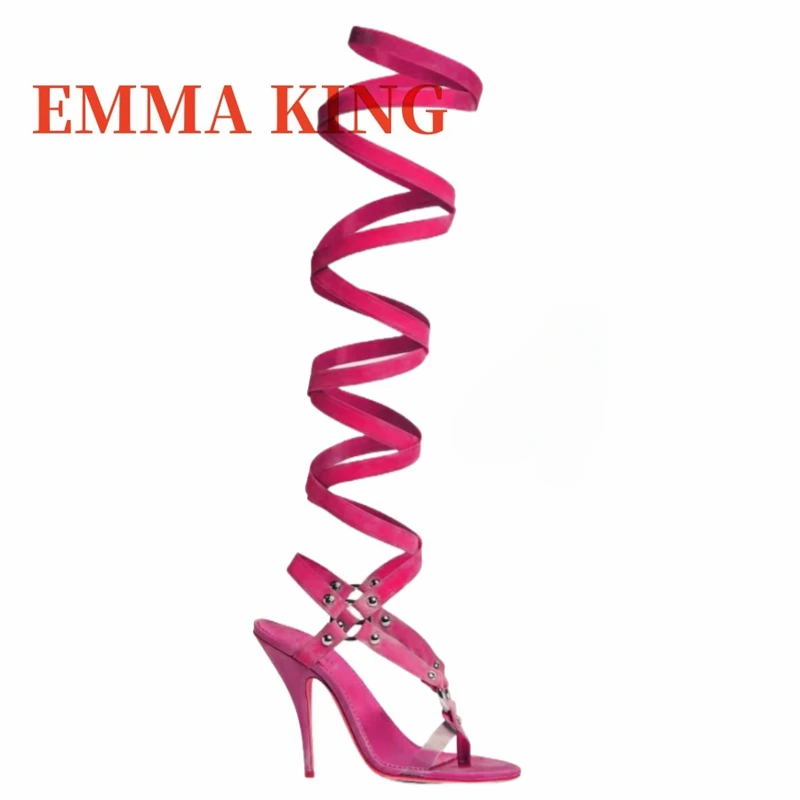 صنادل نسائية بكعب بني Strappy مثيرة مفتوحة مدببة عند أصابع القدم صنادل طويلة ملفوفة بكعب ستيليتو أحذية صيفية فاخرة #5