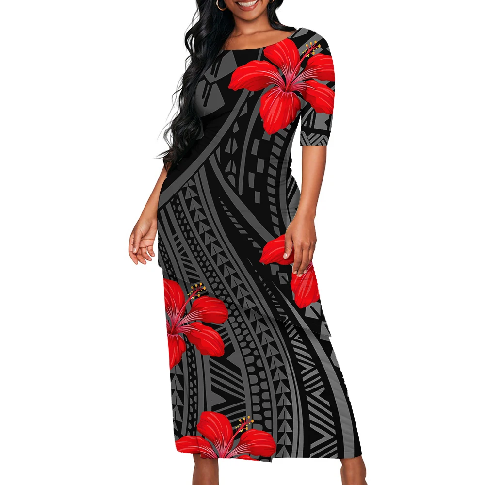 Samoan Tribal Floral Print Custom Polynesian Art Design Lady Puletasi Casual Dress Custom Designed Banquet Dress