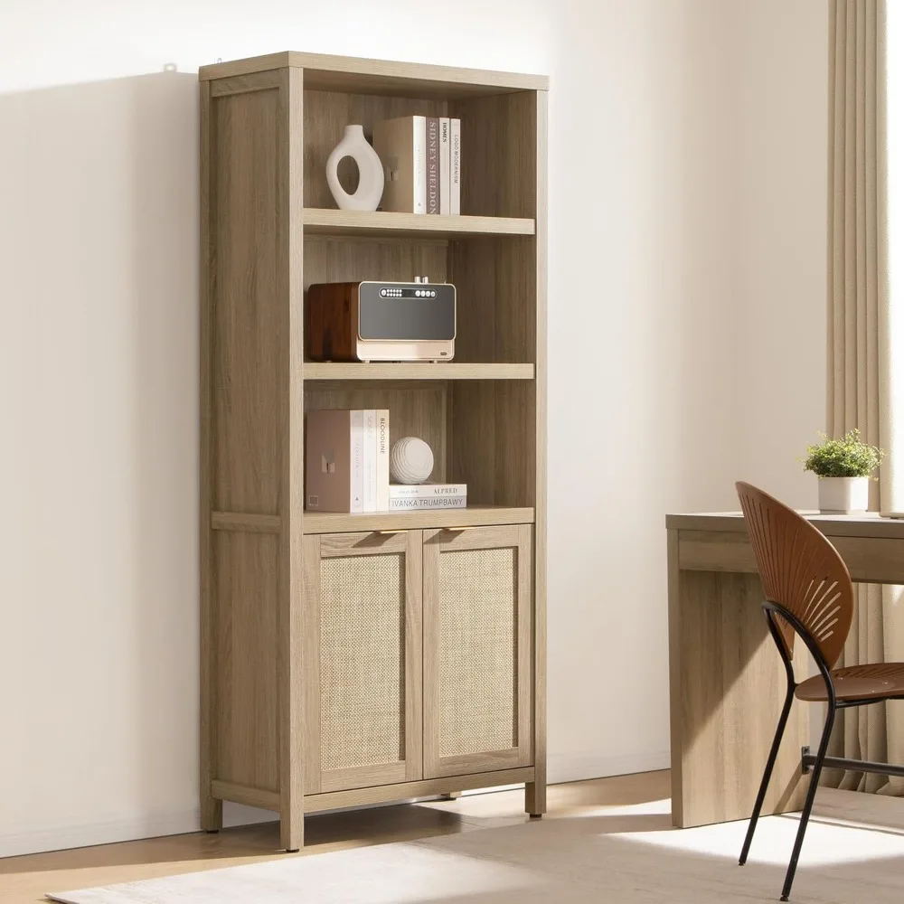 Bookcase  Bookshelf 5 Tier Rattan Boho Bookcase with Doors Storage Large Book Case Shelf Farmhouse Bookshelves