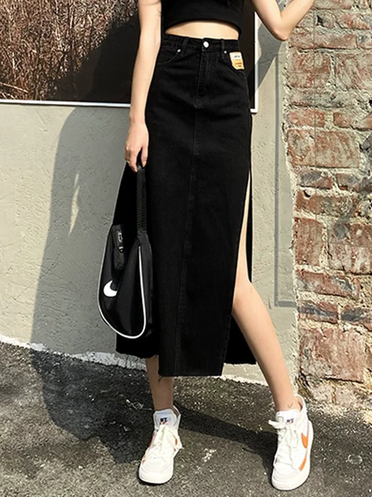 Coréen côté fendu conception Denim jupes femmes décontracté taille haute Vintage maigre Jean Faldas Streetwear mi longueur Jupe mode Saia