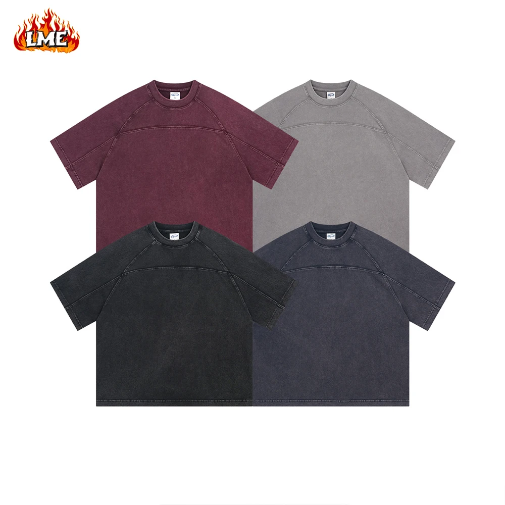 LME Custom Vintage Batik Acid Washed Short Shirt Oversized 285GSM Heavyweight Streetwear Raglan Short Sleeves Men T Sh
