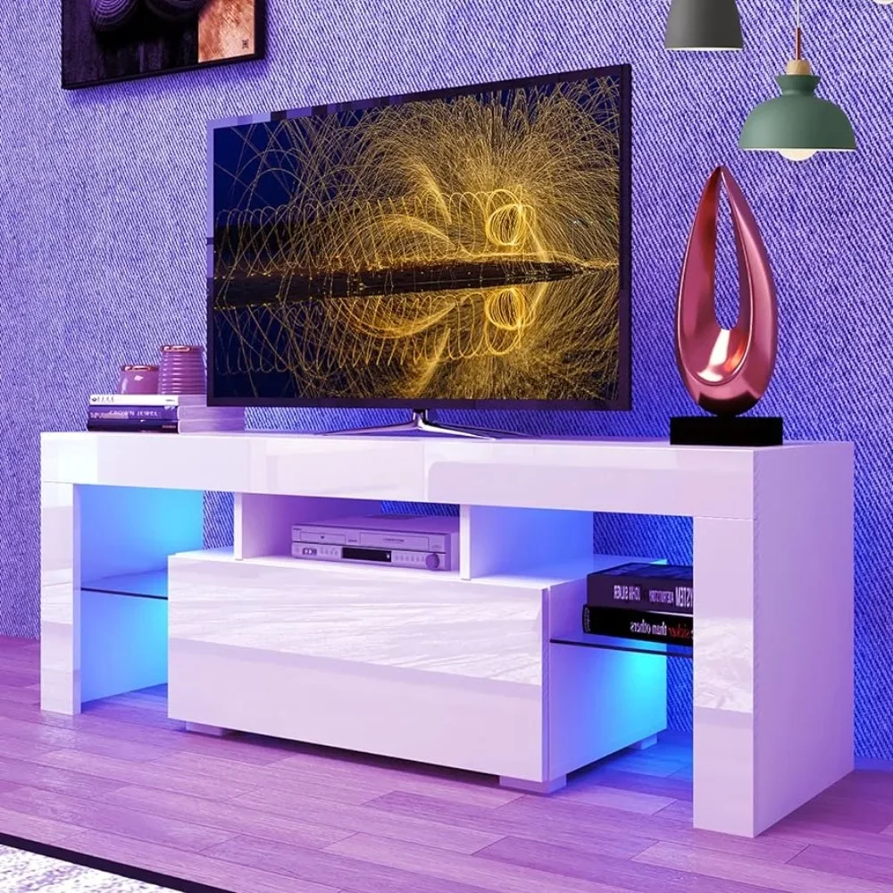 Led Tv-Standaard Voor Tv 'S Tot 55 Inch, Moderne Entertainmentcentrum Tv-Kast Met Opbergladen En Glazen Planken