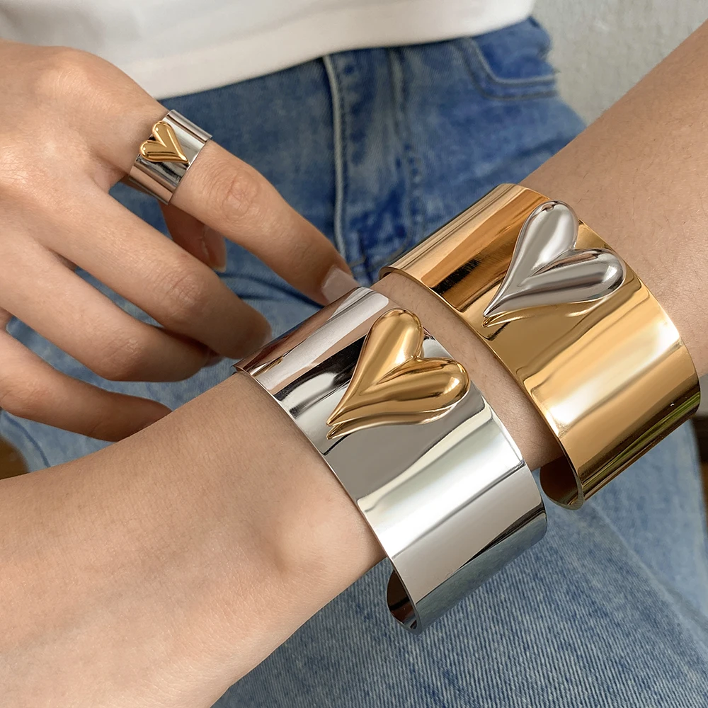 Größere herzförmige Ring-Armreif-Kombination für Frauen, Geschenke, Valentinstag-Charm, Edelstahl, vielseitiges beliebtes Armband