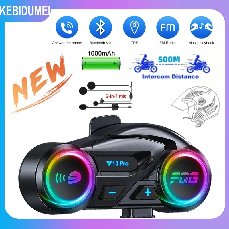 

Kebidumei Motorcycle Intercom Helmet Bluetooth Headset Handsfree Communicator to 2 Riders Music Sharing Interphone with FM Radio