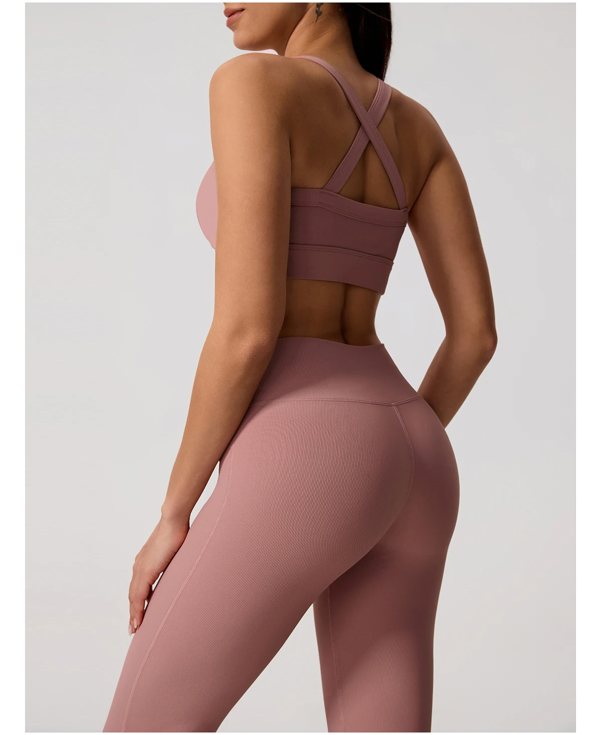 Sommer Damen Geripptes Gym Schnelltrocknendes Zweiteiler-Set Nahtloses Sport-Yoga-Set für Frauen Outdoor 2-teiliges Po-Lifting Sportoutfit – Detail 14