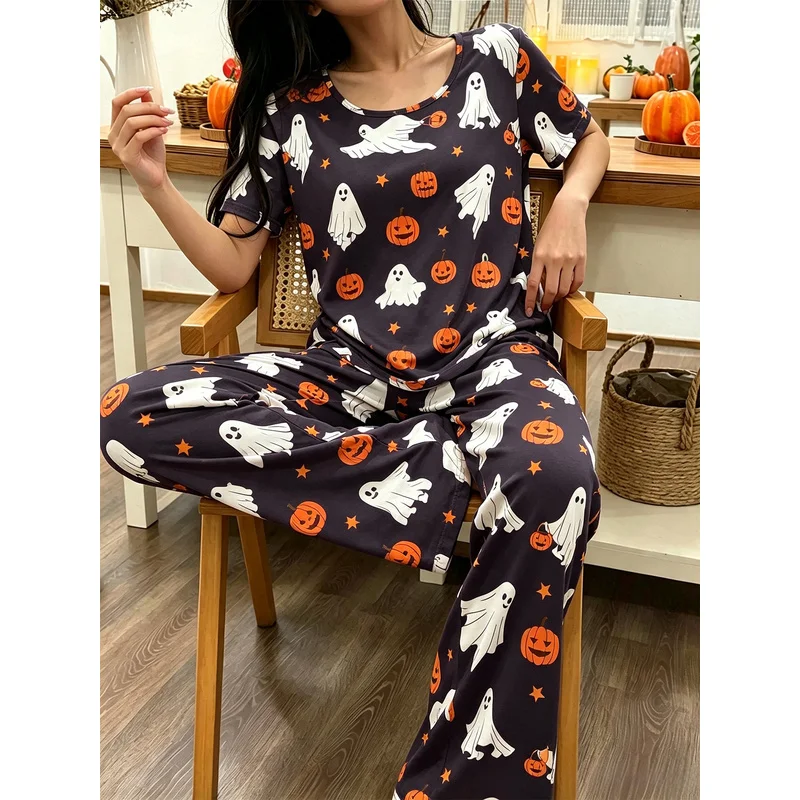 Ghost Pumpkin Halloween-themed printed short-sleeve long-pants women's pajamasShort-sleeved top and loose,comfortable long pants