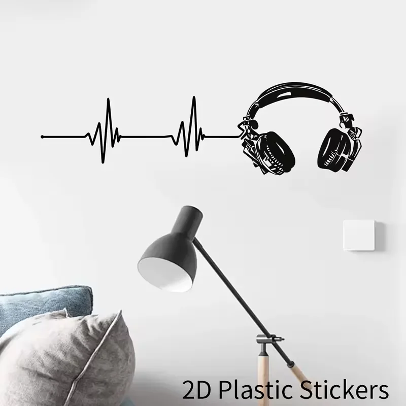 2026 New Arrival 2D Music Theme Headphone with Heartbeat Line Wall Stickers - Self-Adhesive Decor Decals, Removable Reusable Wat