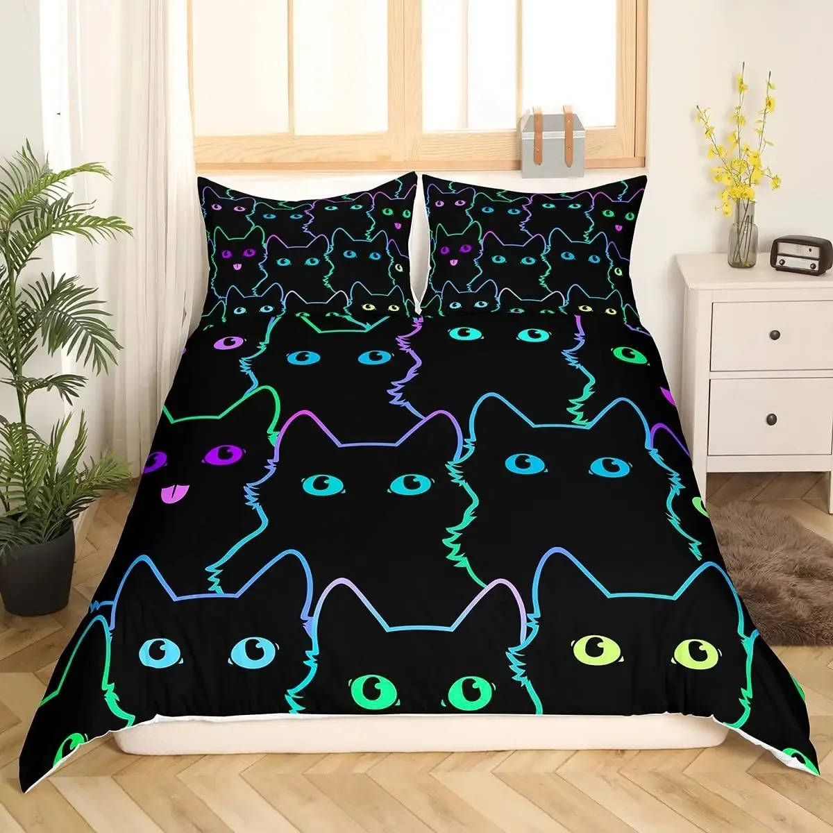 Cartoon Cat Duvet Cover Set Pet Cat Comforter Cover Cute Kitten Neon Light Bedding Set 3D Cat Lover's Bedspread Cover