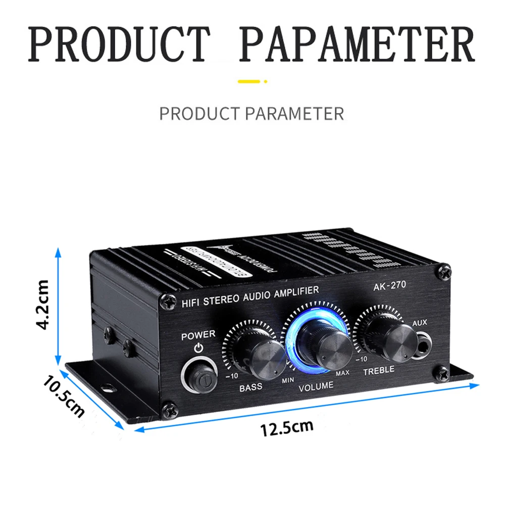 AK-270 Audio Amplifier Sound Channel 2.0 Digital Audio Amplifier HIFI Stereo AUX Input Mini Portable Car and Home Audio Amplifie