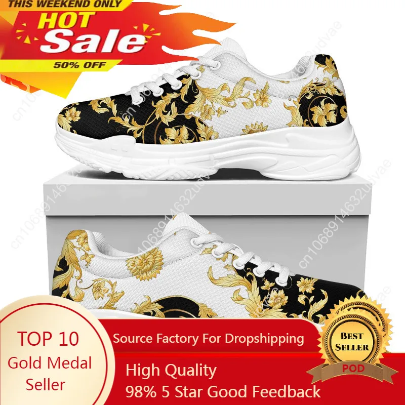 

Luxury Golden Floral Women's Shoes Lace Up Ladies Platform Sneakers Baroque Increasing Casual Comfort Flat Mesh Shoes