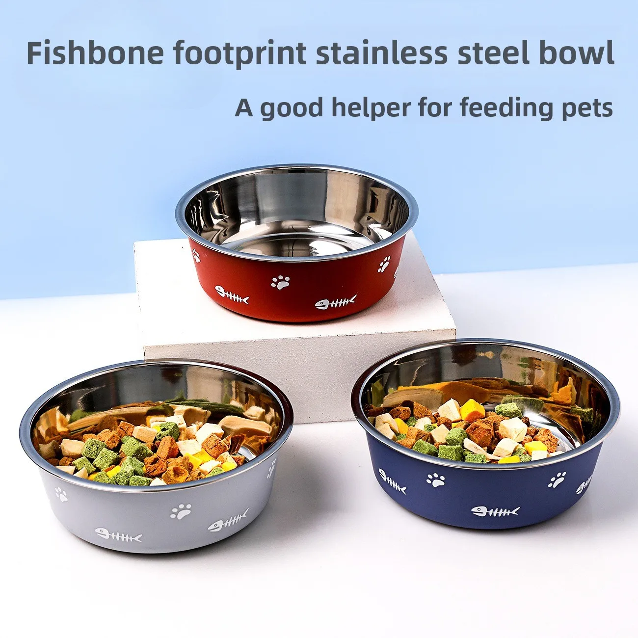 Double-layer thickened floor-absorbing dog bowl, non-slip pet bowl, Nordic style stainless steel dog basin cross-border cat bowl