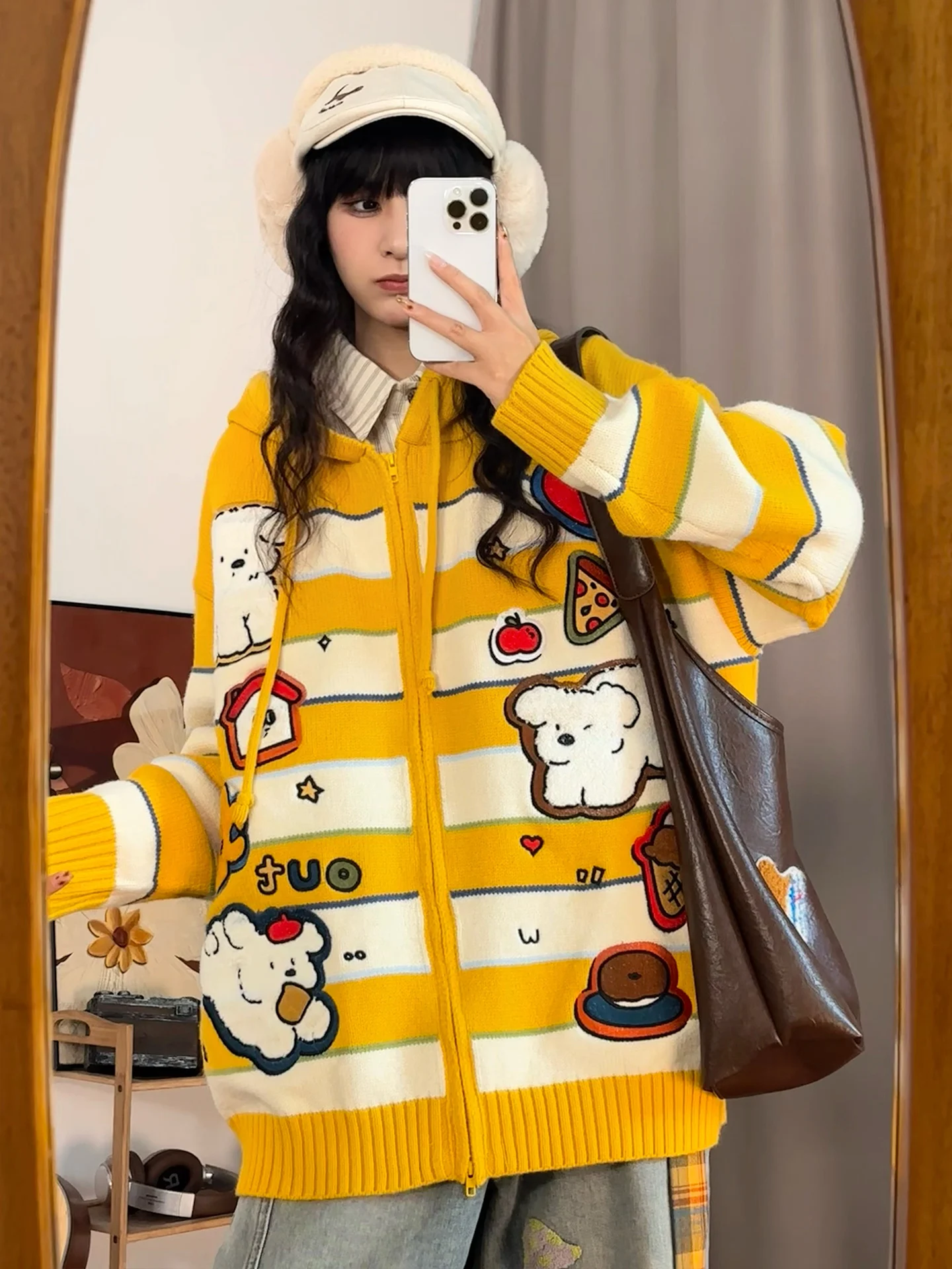 

Свитер с вышивкой собаки в стиле ретро, женский свободный вязаный открытый кардиган с ленивым рукавом, верхняя одежда, уличная мода, осень W...