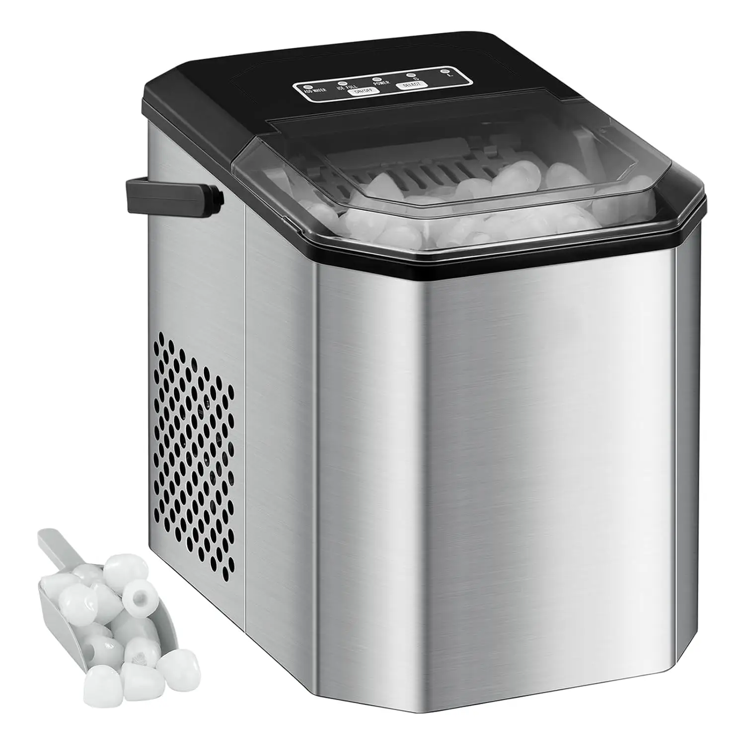 Máquina para hacer cubitos de hielo, 9 cubitos listos en 6 minutos, 12 kg en 24 h, pequeña máquina para hacer cubitos de hielo con autolimpieza, con pala y cesta para cocina, oficina, bar