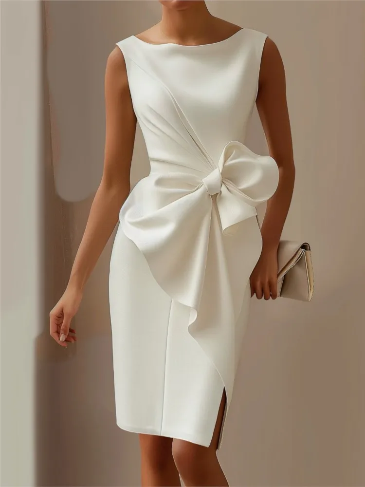 

Vestidos Sexy Sleeveless Hollow Summer Dress Woman Elegant O Neck Bowknot Slim Party Dress Casual Fashion Solid Mini Dresses