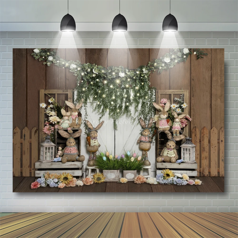 Retro Easter White Barn Bunny Background Photo Wooden Door Cake Smash Kids Party Decor Spring Grass Rabbit Flower Backdrop