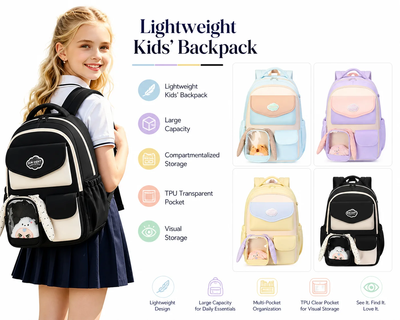 Sun Eight Backpack Niche Design Cute Color Block Fresh Forest Style For Junior High And High School Daily Travel Use 8685
