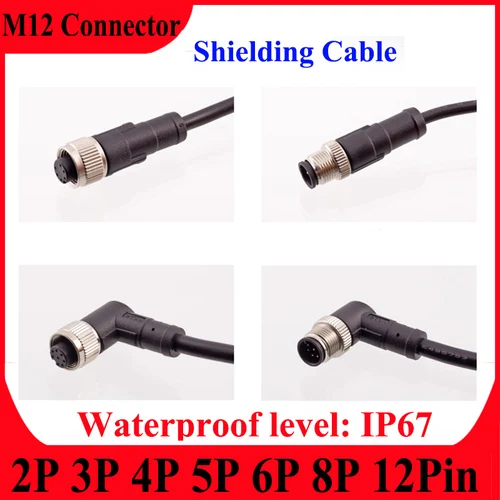 Conector M12 impermeable IP67, enchufe macho y hembra con Cable de BLINDAJE, conector roscado, 2P, 3P, 4P, 5P, 6P, 8P, 12 Pines, tipo A, B, D, aguja