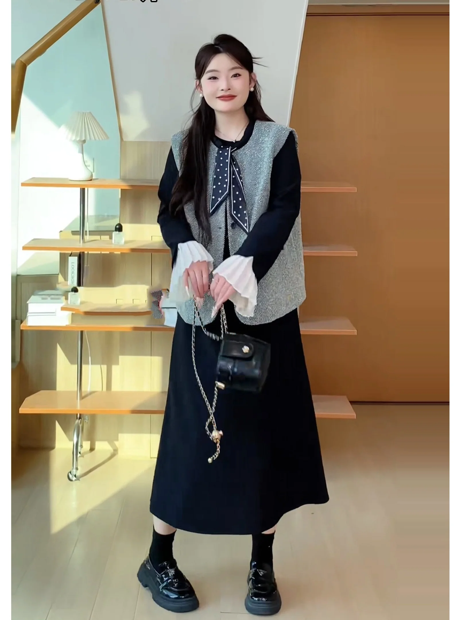 

plus Size Vest And Dr Set Women's Faion Spring Outfit Slimming Ele Two-Piece Suit Casual round Ne Long Sve