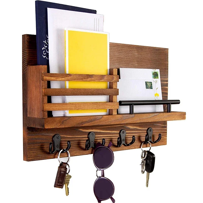 Mail Sorting Shelf with Keys Hangers Wall Mounted Wood Holder Tray Vintage Home Decor Hallway Storage Clothes Towel Bag Umbrella