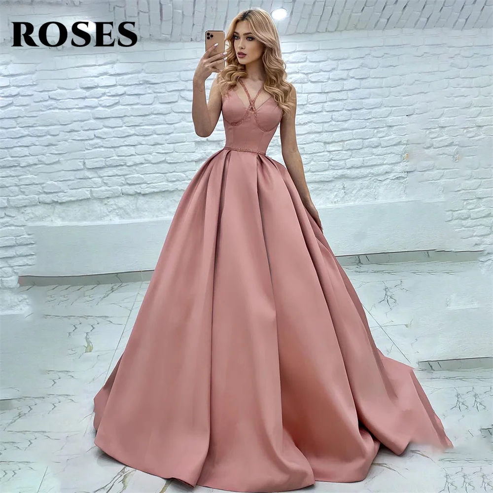 ROSES Pink A Line Elegant Sexy Wedding Party Dress Tank Sleeveless Celebrity Dress Stain Special Occasion Dresses robes du soir