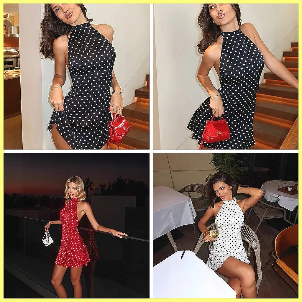 

Polka Dot Halter Mini Dress Backless Sleeveless Sexy High Waist Bandage Party Club Dress