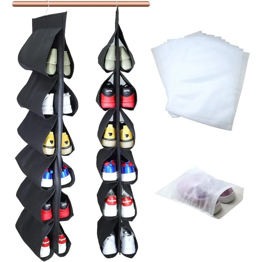

2 Pack 12 Large Pockets Hanging Shoe Organizer for Closet with Roating Hanger for Storage Mens Shoes Clothes Also can used as T