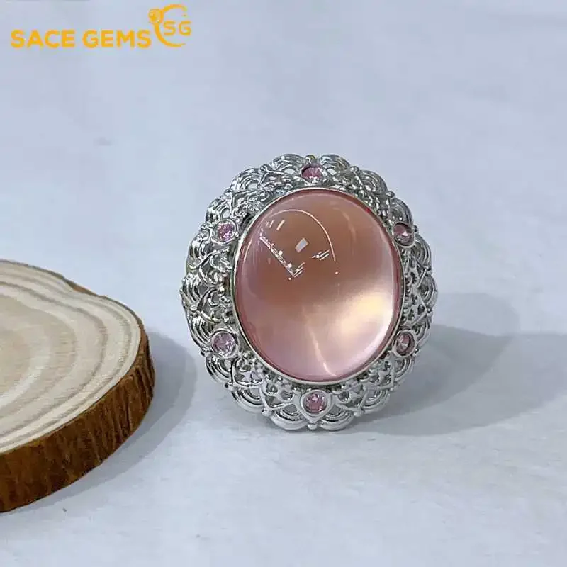 SACE GEMS 925 Sterling Silver 14*19mm Natual Rose Quartz Luxury Rings for Women Created Wedding Engagement Party Fine Jewelry