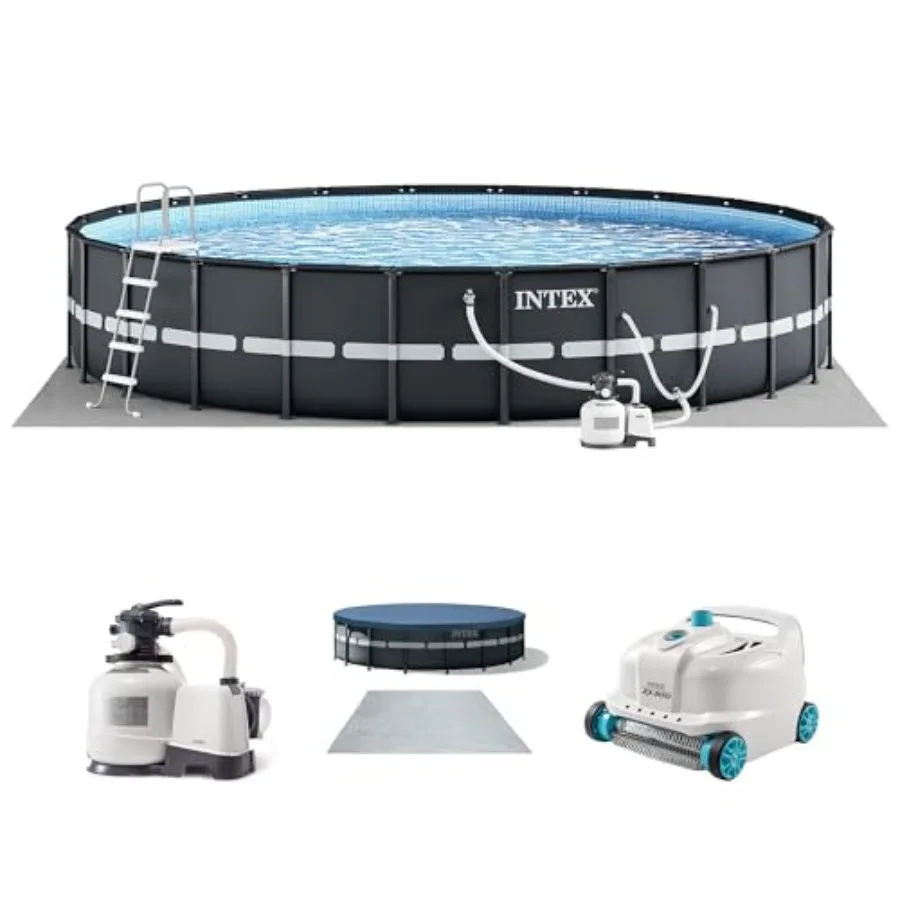 Above Ground Swimming Pool Set for backyard use, steel frame material, blue color, includes sand filter pump and deluxe automat