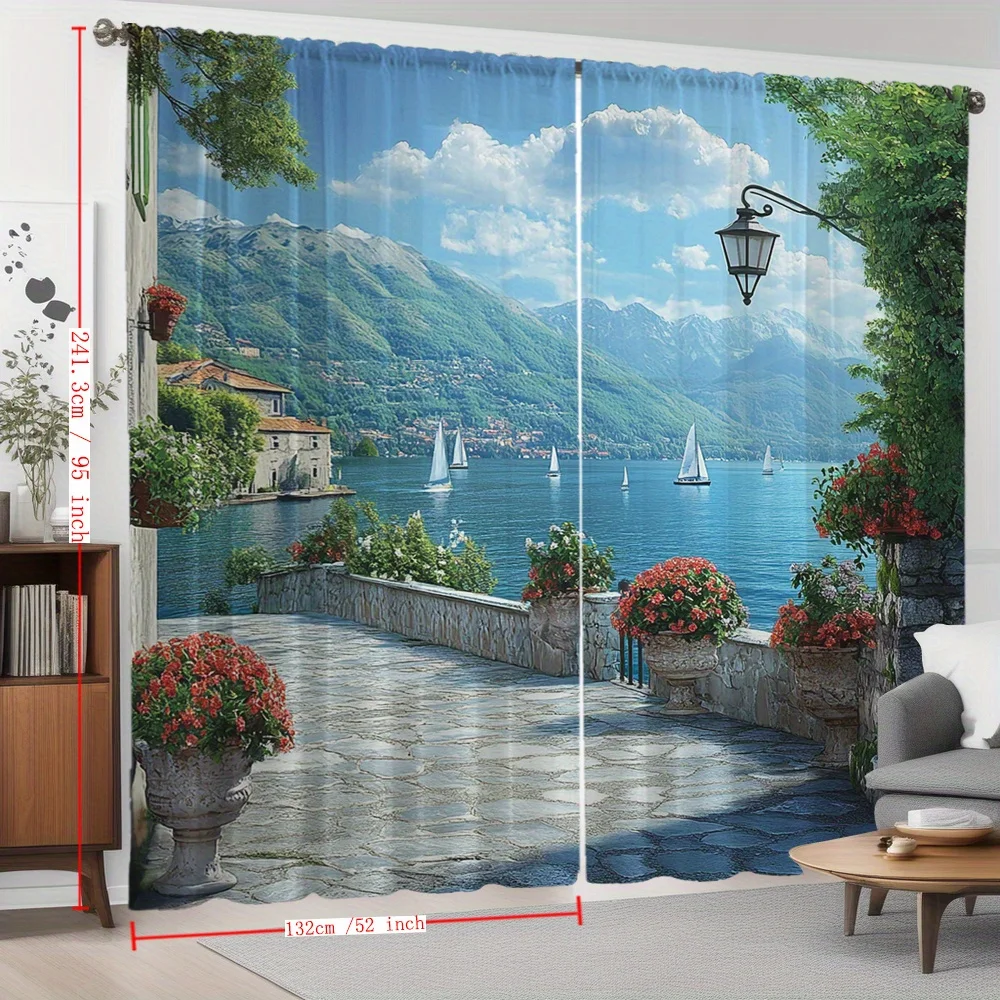 Luxurious Polyester Curtains Window Drapery Mediterranean Lake View Scene Italian Summer Wall Art Home Decoration Bathroom Showe