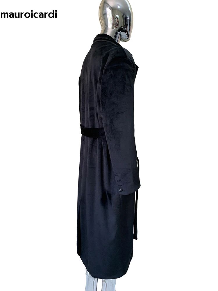 

Mauroicardi Autumn Winter Long Warm Black Soft Flowy Velvet Woolen Coat Men Shoulder Pads Elegant Luxury Wool & Blends Overcoat