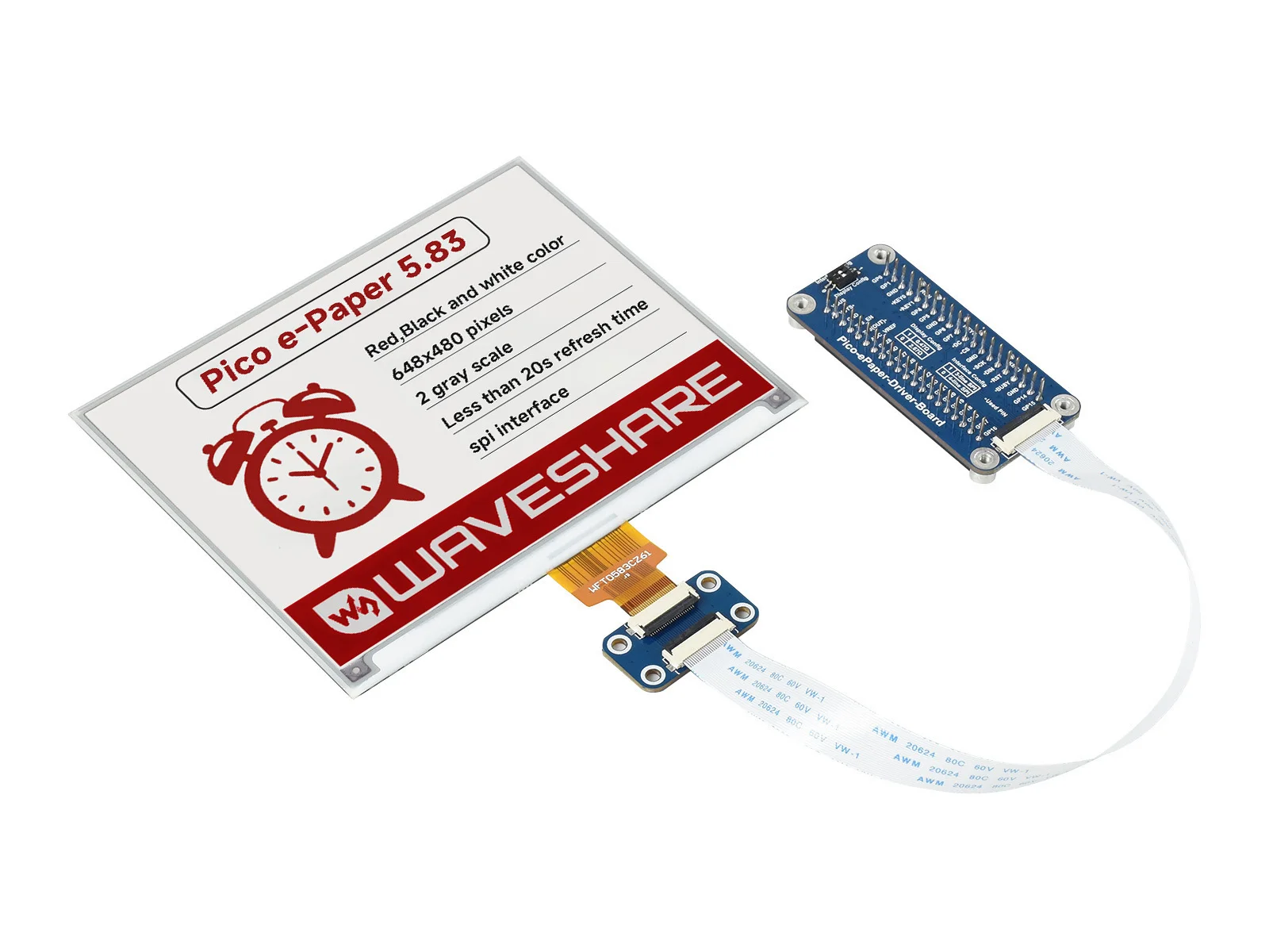 

Pico-ePaper-5,83-B, 5,83-дюймовый модуль дисплея E-Paper E-Ink (B) для RPi Pico, 800×480 пикселей, красный/черный/белый, интерфейс SPI