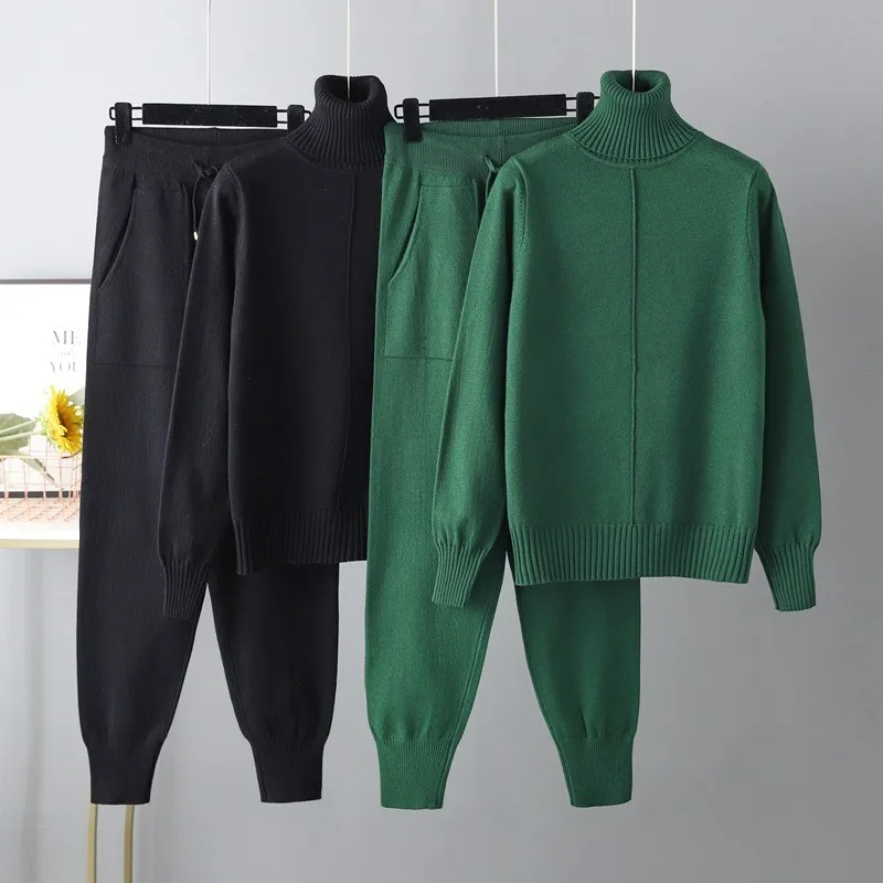 Women Knitted Tracksuit V-neck Sweater Casual Suit Autumn Winter 2 Piece Set Knit Pants Sporting Suit Femme Clothing