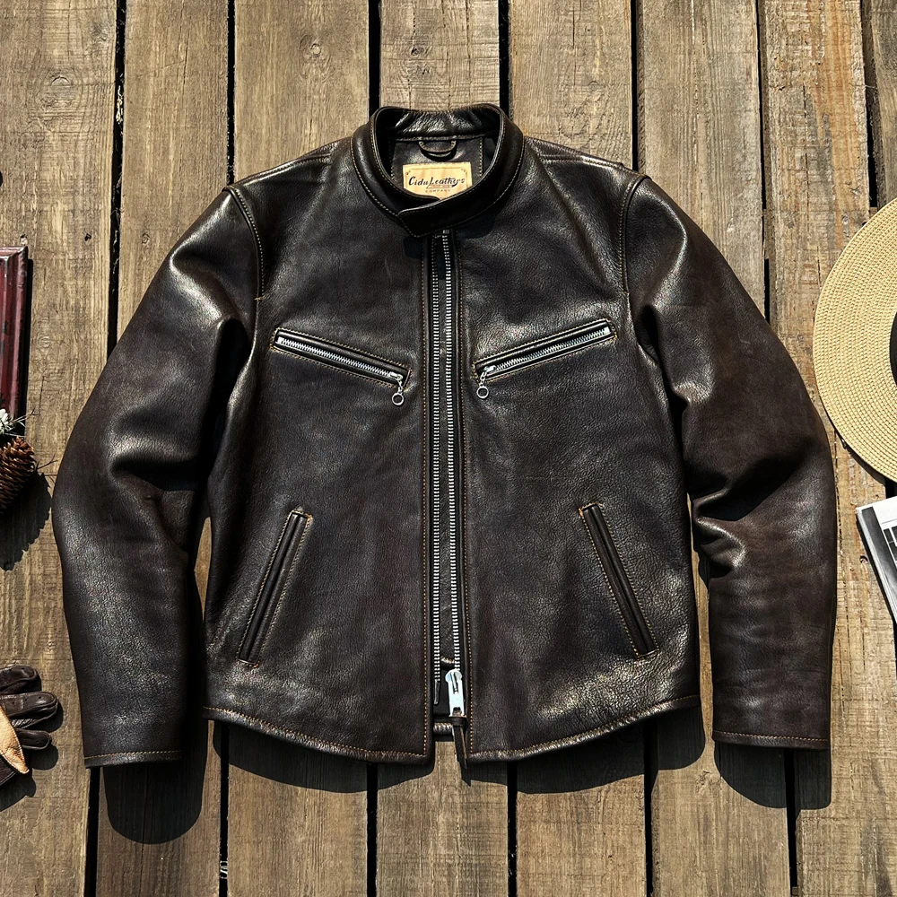 

YR!Free shipping.Luxury tanned Cowhide jacket,Retro Classic Rider J100 genuine leather coat.Men Vintage slim leather cloth