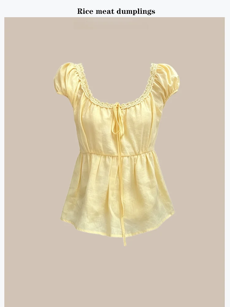 Romantic Lace Trim Short Sleeve U-Neck Top Women's Summer Fashion Gentlemaid Style Polyester Bubble Sleeve Regular Length
