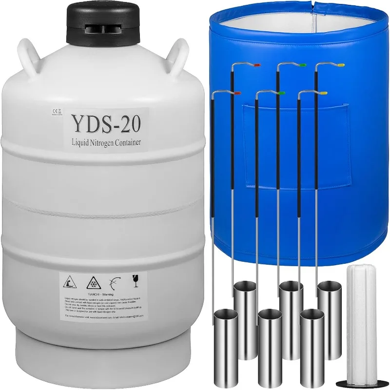 20L Liquid Nitrogen Tank Aluminum Alloy Liquid Nitrogen Dewar Static Cryogenic Container  with 6 Canisters and Carry Bag