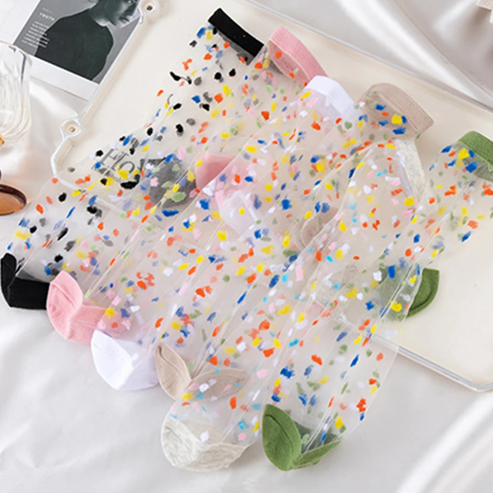 

6 Pairs/Lot Women's Transparent Glass Silk Stockings Socks Retro Polka-Dot Spring and Summer Thin Silk Japanese Crew Socks